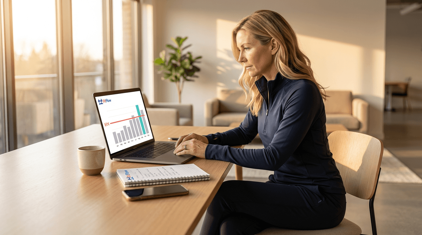 Personal trainer reviewing income breakdown and business model framework on a tablet