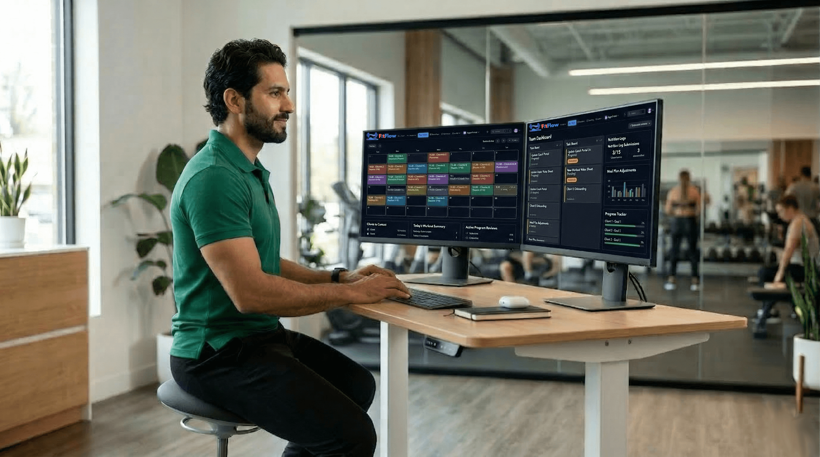 Personal trainer reviewing a multi-tool fitness tech stack dashboard on dual monitors in a modern gym studio, managing client programs and business analytics