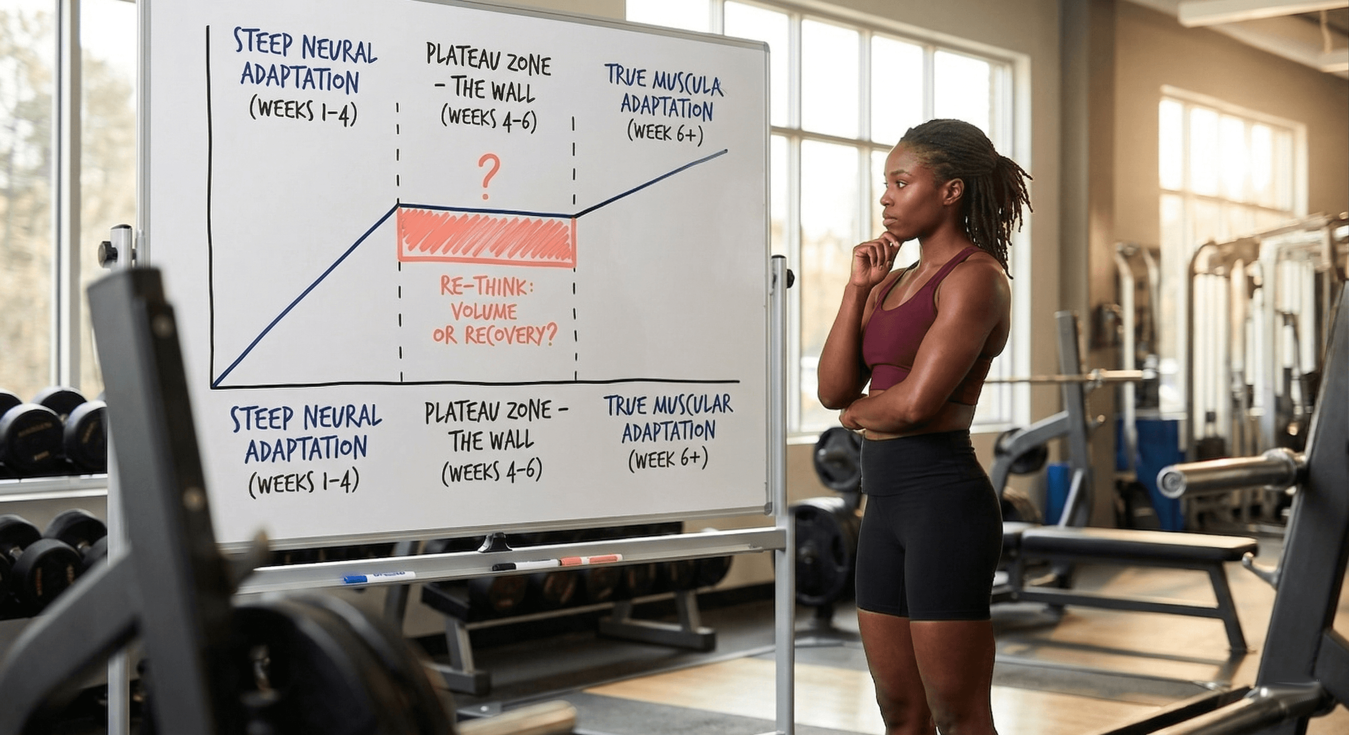 Timeline diagram showing the neural-to-muscular adaptation transition that causes hypertrophy programs to plateau at the 6-week mark